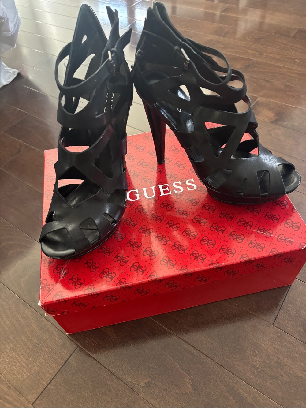 GUESS Black Strappy Cutout Stiletto Sandals